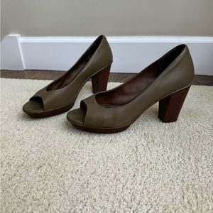 Camper open toe pumps.  Rubber heal.  Olive kakhi.